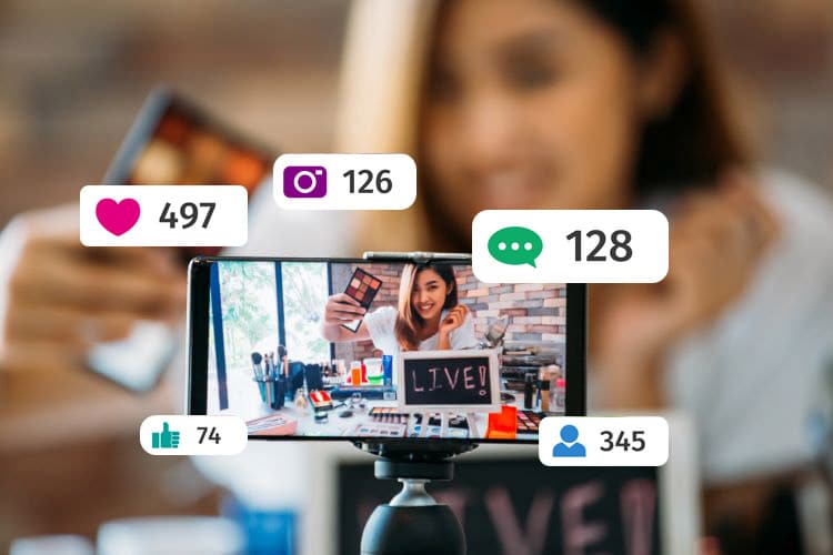 An influencer taking a video of herself as a form of indirect advertising or indirect marketing.