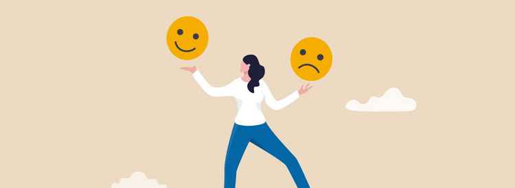 woman balancing happy and sad emoticon