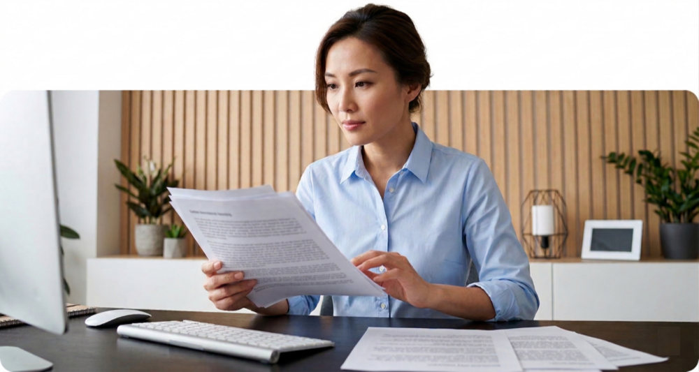 A businesswoman going over documents about marketing automations specialists.