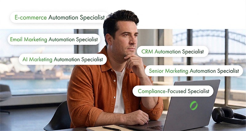 A businessman thinking about the types of marketing automation specialists.