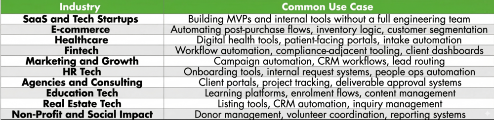 Table showing role of no code developers in different industries.