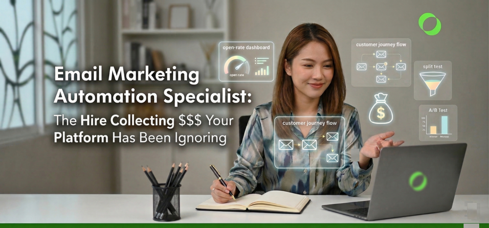 An email marketing automation specialist surrounded by email automation elements.